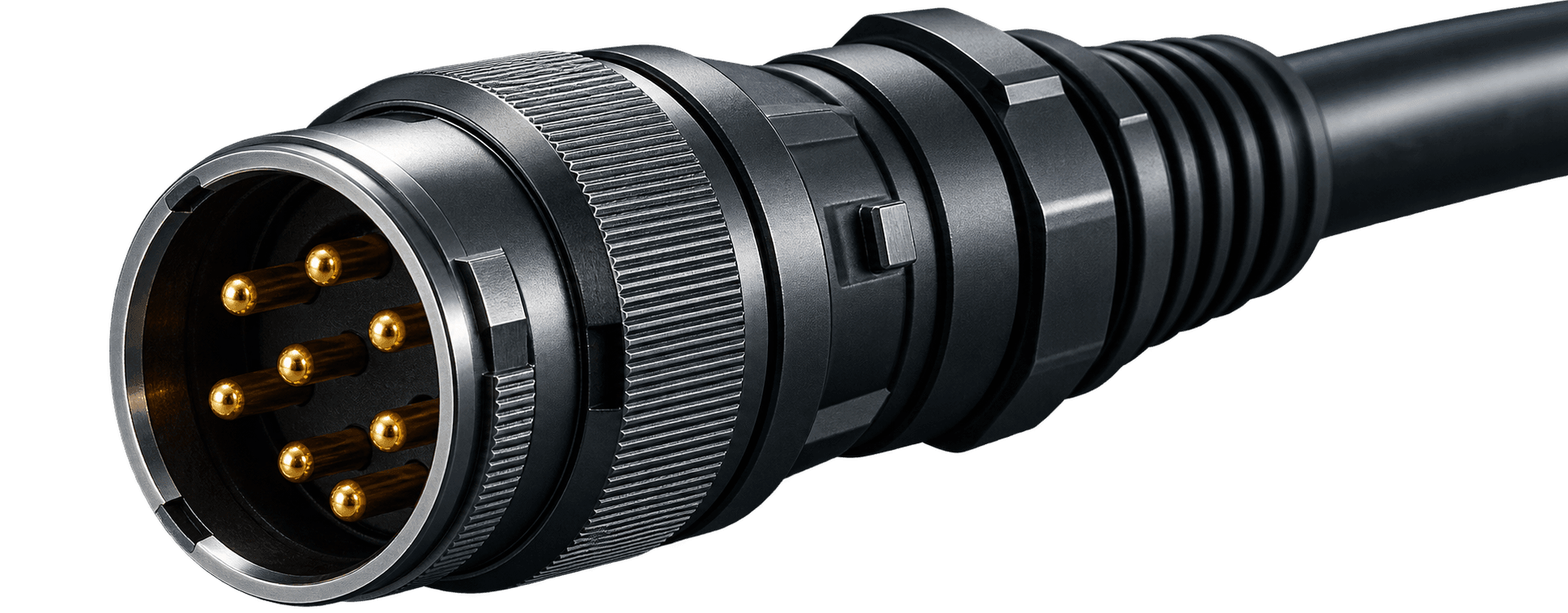 Ronde connector met vergulde contacten, gekartelde koppelring en trekontlasting aan een zwarte kabel
