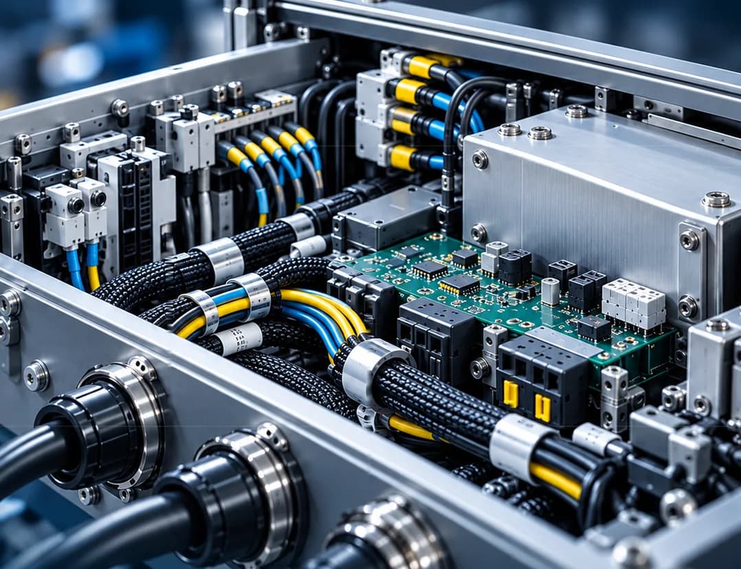 Geopende elektronische behuizing met een printplaat, kabelbomen, klemmenstroken en paneelconnectoren