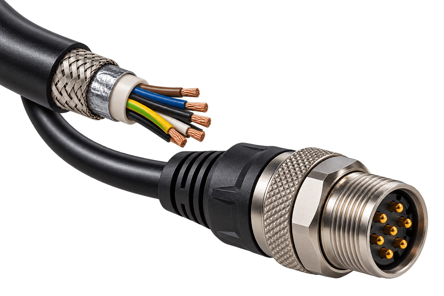Geopende kabel met gevlochten afscherming, folie en kleurgecodeerde koperen geleiders, naast een ronde connector