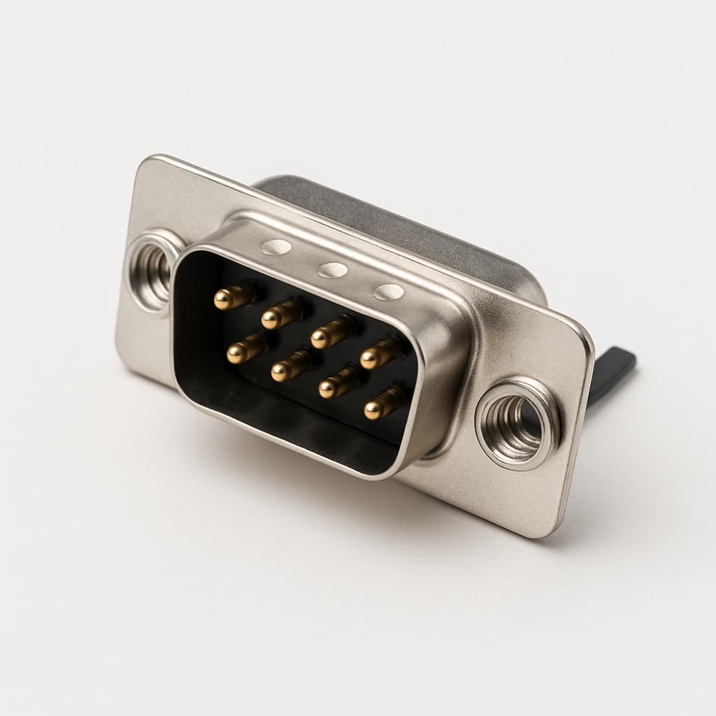 F09P5G1-K222 D-Sub 9P Stecker mit Einpressmutter — illustrative, KI-generierte Abbildung