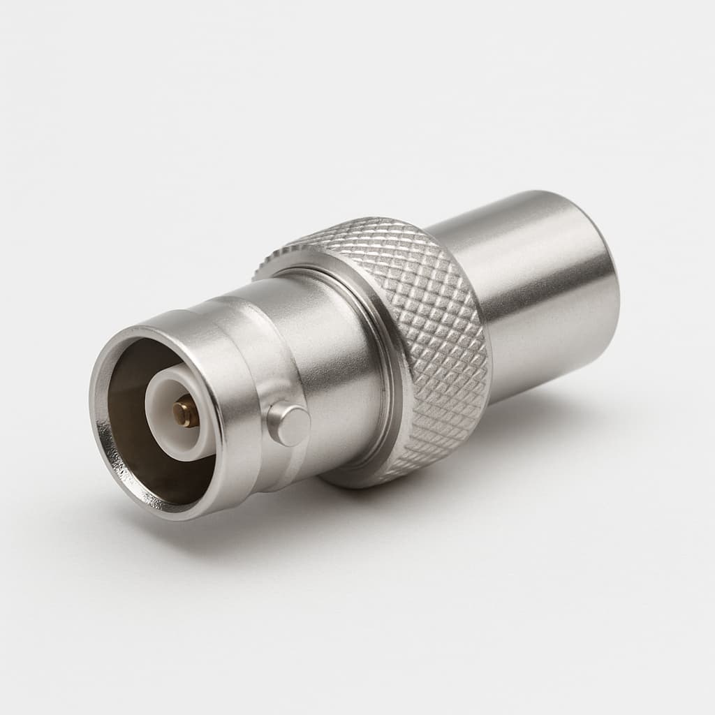 Telegartner J01008A5036 BNC-Buchse auf IEC-Stecker Adapter — illustrative, KI-generierte Abbildung