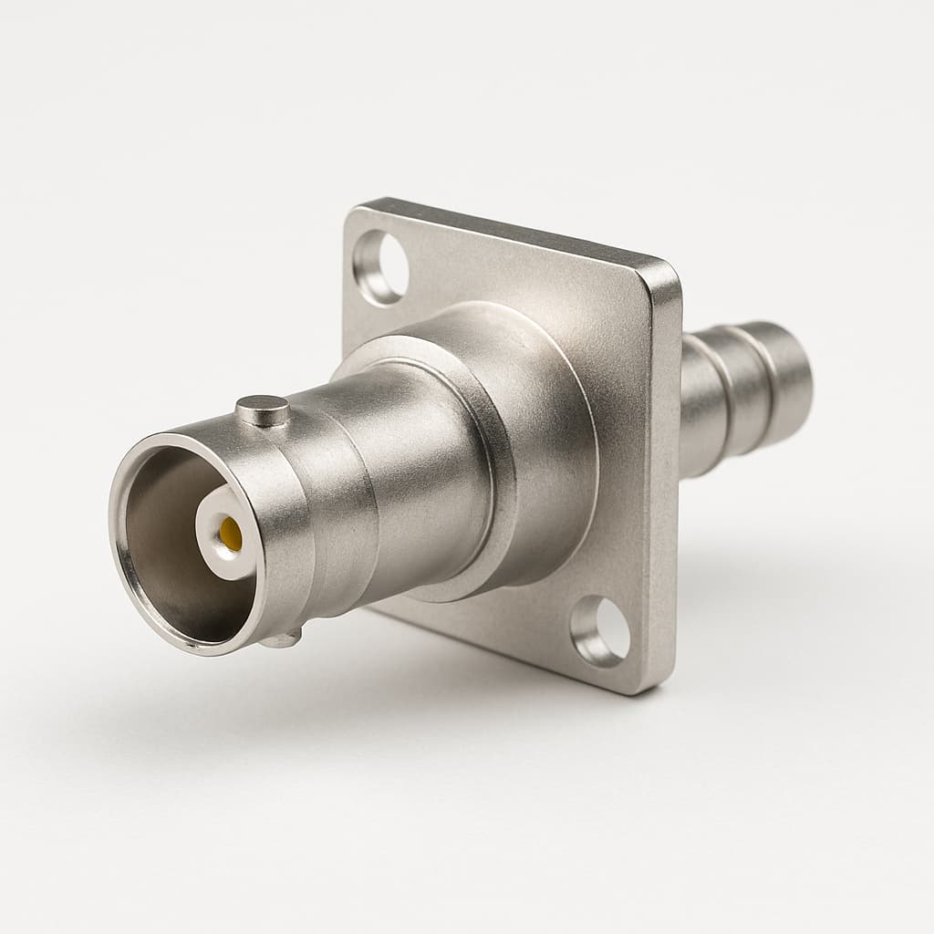 Telegartner J01073K1712 1.6/5.6(f) chassisconnector voor RG59 — illustratieve, door AI gegenereerde afbeelding