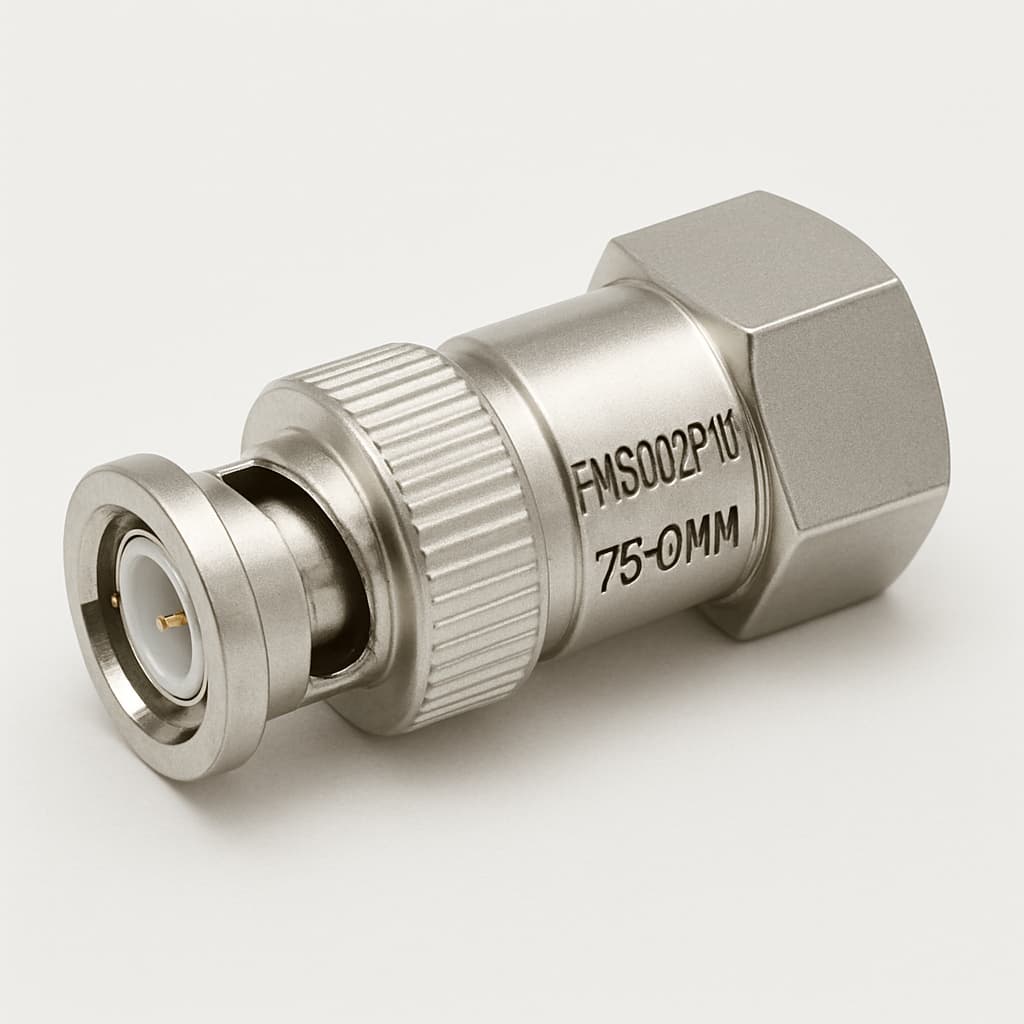 Molex / FCT FMS002P101 75 Ohm Crimp-Koaxialsteckverbinder — illustrative, KI-generierte Abbildung