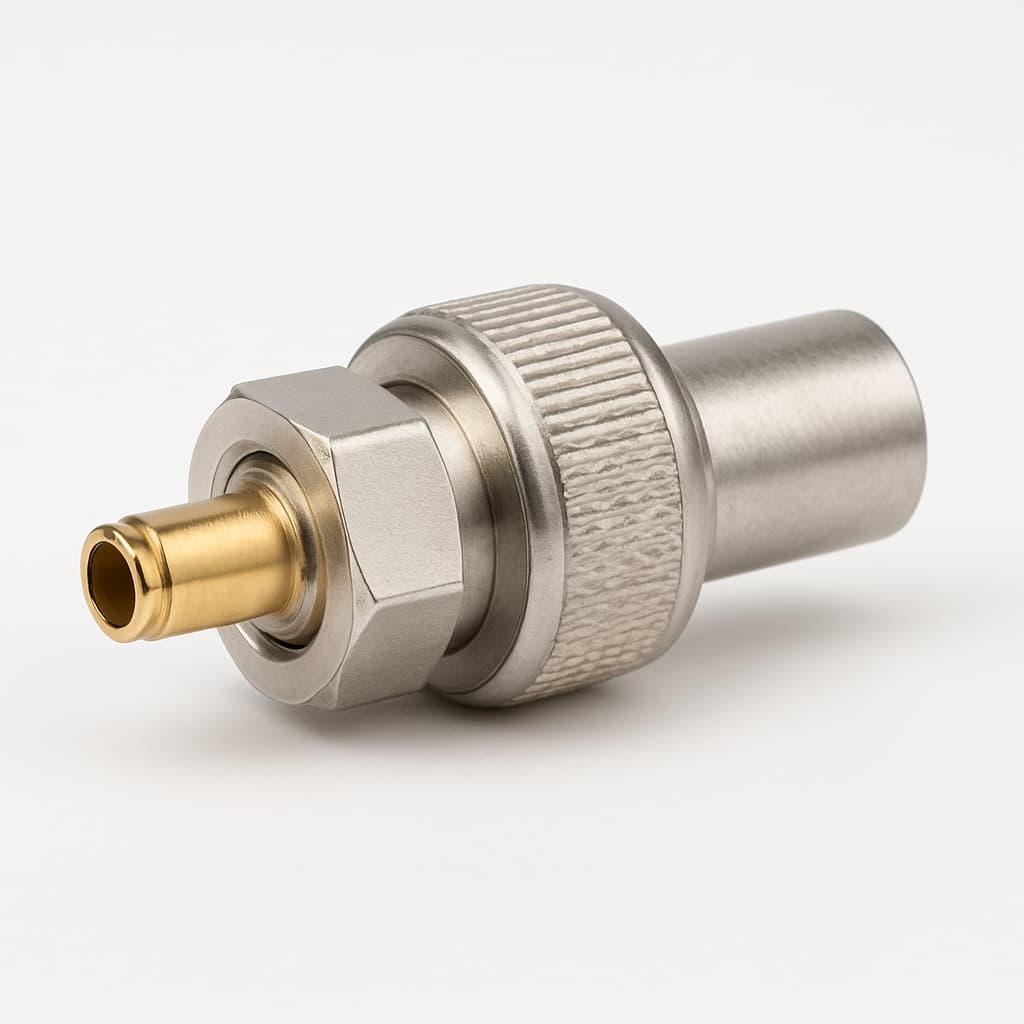 MOLEX / FCT FMX003S101 75 Ohm Crimp-Steckverbinder — illustrative, KI-generierte Abbildung