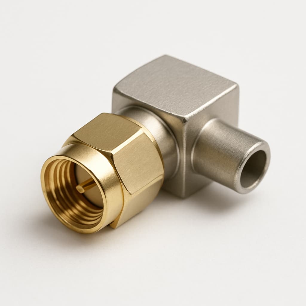 Telegartner J01150A0061Z SMA haakse plugconnector — illustratieve, door AI gegenereerde afbeelding