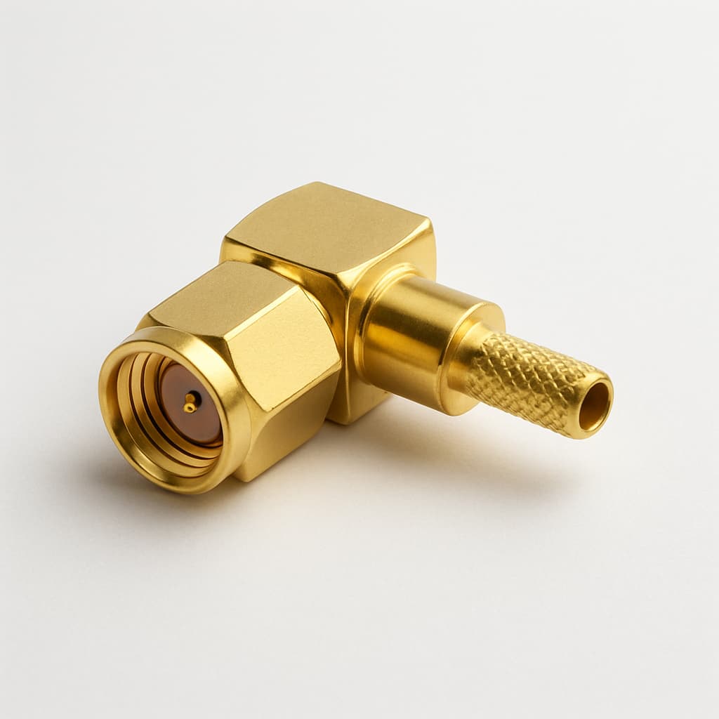 Telegaertner J01150A0521 SMA haakse plug krimpconnector — illustratieve, door AI gegenereerde afbeelding
