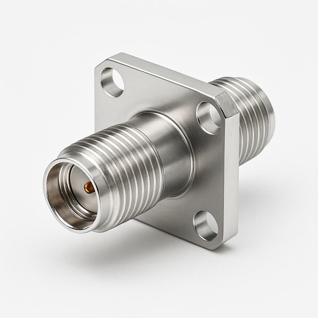 Telegartner J01154A0019 SMA doorvoerstuk-adapter (F-F) met flens — illustratieve, door AI gegenereerde afbeelding