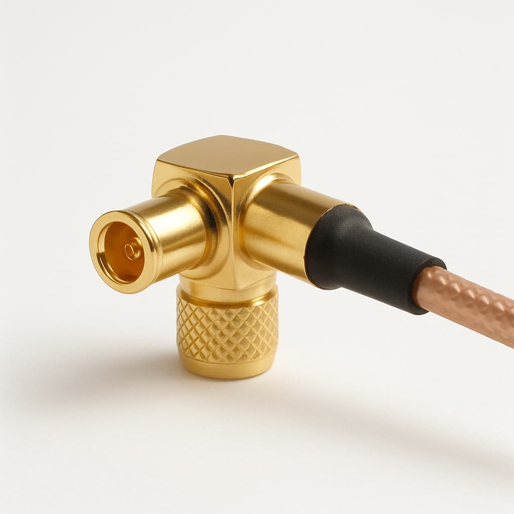 Telegartner J01161A0438 SMB haakse jack-connector — illustratieve, door AI gegenereerde afbeelding
