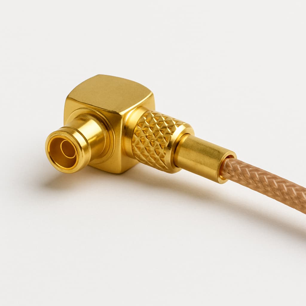 Telegartner J01340A0121 MMCX gewinkelter Stecker für RG-178B/U — illustrative, KI-generierte Abbildung