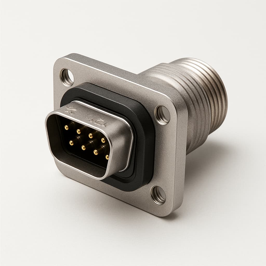 Molex / FCT FWDRM09P-K414 wasserdichter D-Sub-Steckverbinder — illustrative, KI-generierte Abbildung