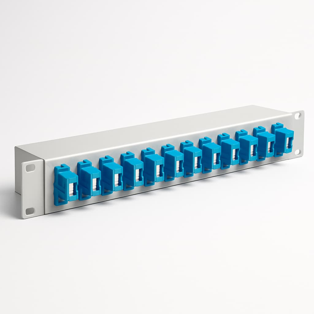 Telegartner H02030A0550 BASIS V 1HU mit 12x E2000-Adapter — illustrative, KI-generierte Abbildung