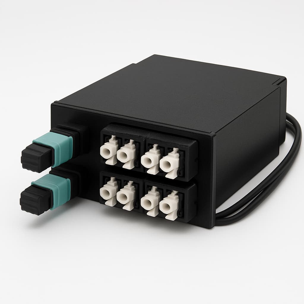 Telegartner H02050F4251 FanOut-module, 6xLC Quad, 2xMPO Male, OM4 — illustratieve, door AI gegenereerde afbeelding