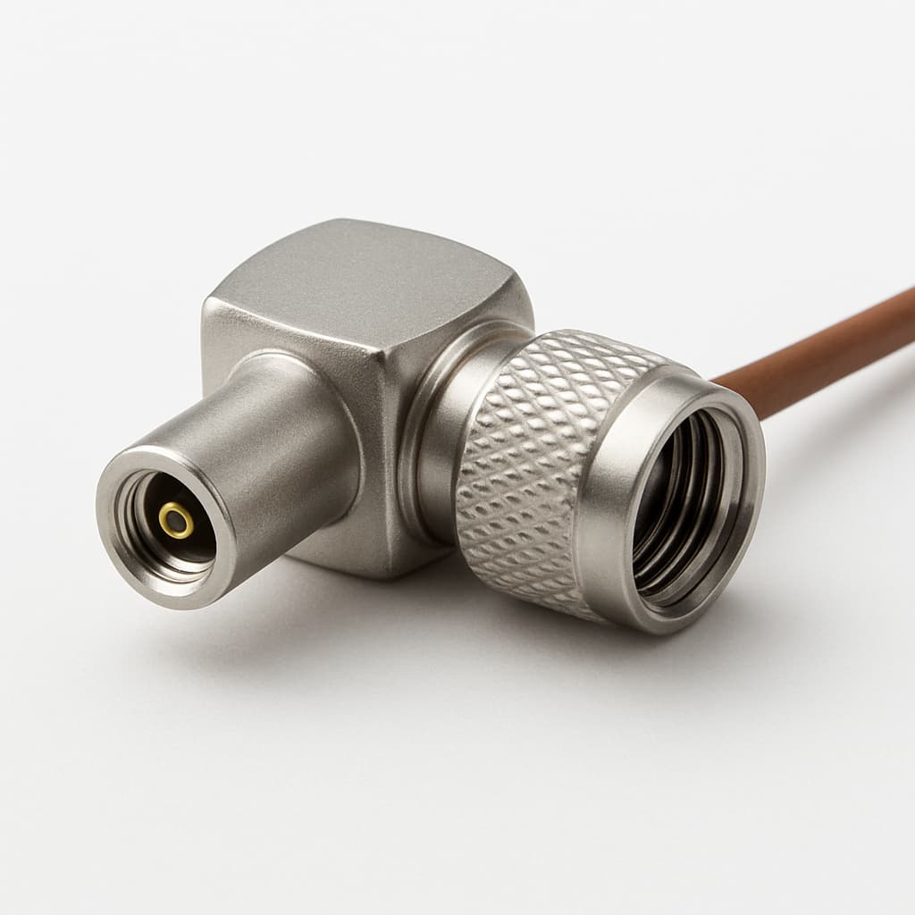 Telegartner J01070A2001 1.6/5.6 coaxiale haakse plug — illustratieve, door AI gegenereerde afbeelding