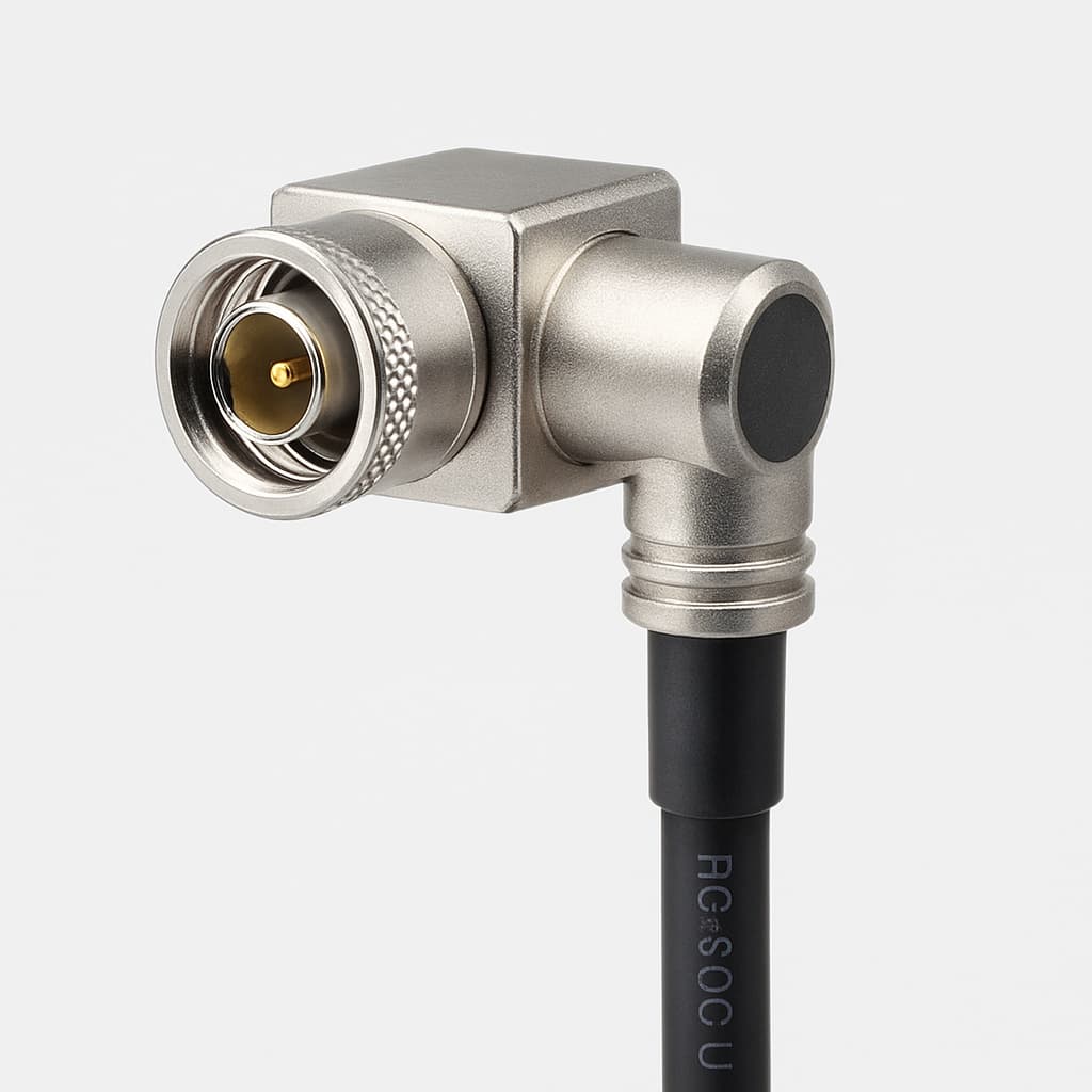 Telegartner J01420A0115 QLS haakse kabelplug — illustratieve, door AI gegenereerde afbeelding