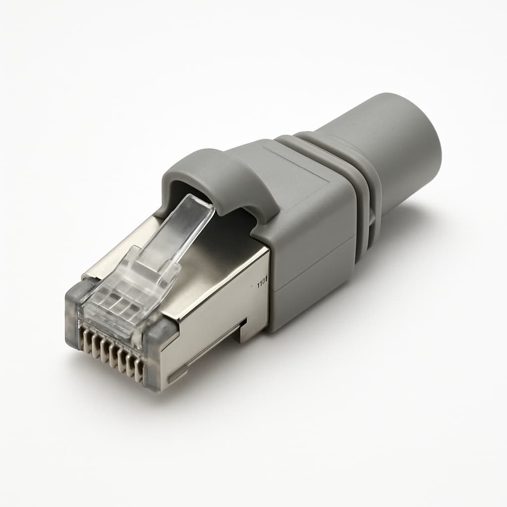 Telegartner J00026A0171 RJ45 Plug MP8 FS with 6.3mm Cable Boot, Grey — illustrative AI-generated image