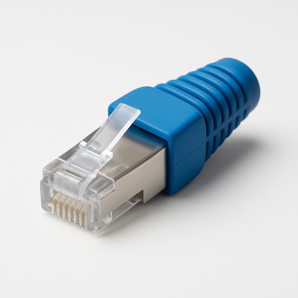 Telegartner J00026C0171 RJ45 Plug MP8 FS with Cable Boot, Blue — illustrative AI-generated image