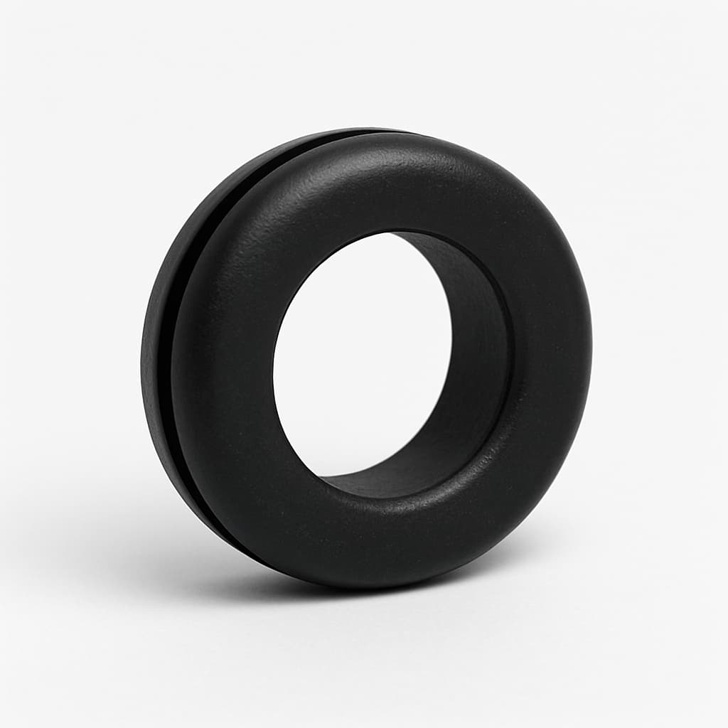 PVC grommet, black, 10 mm panel hole — illustrative AI-generated image