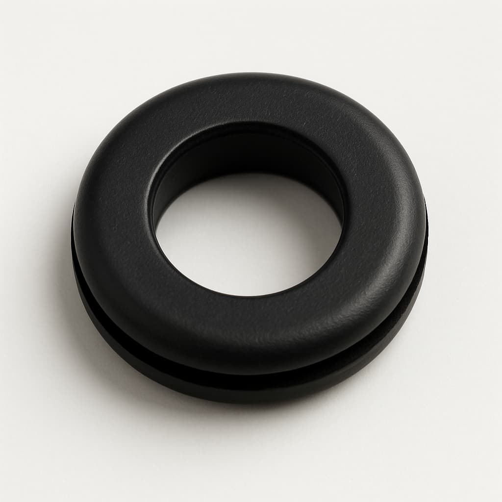 Black PVC Grommet, 15 mm Panel Hole, 12 mm Cable — illustrative AI-generated image