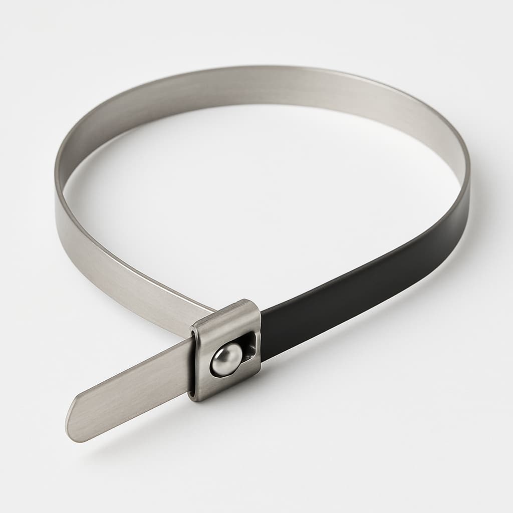 Stainless Steel Ball-Lock Cable Tie, Half Coated, 100 mm x 4.6 mm, S316 — illustrative AI-generated image