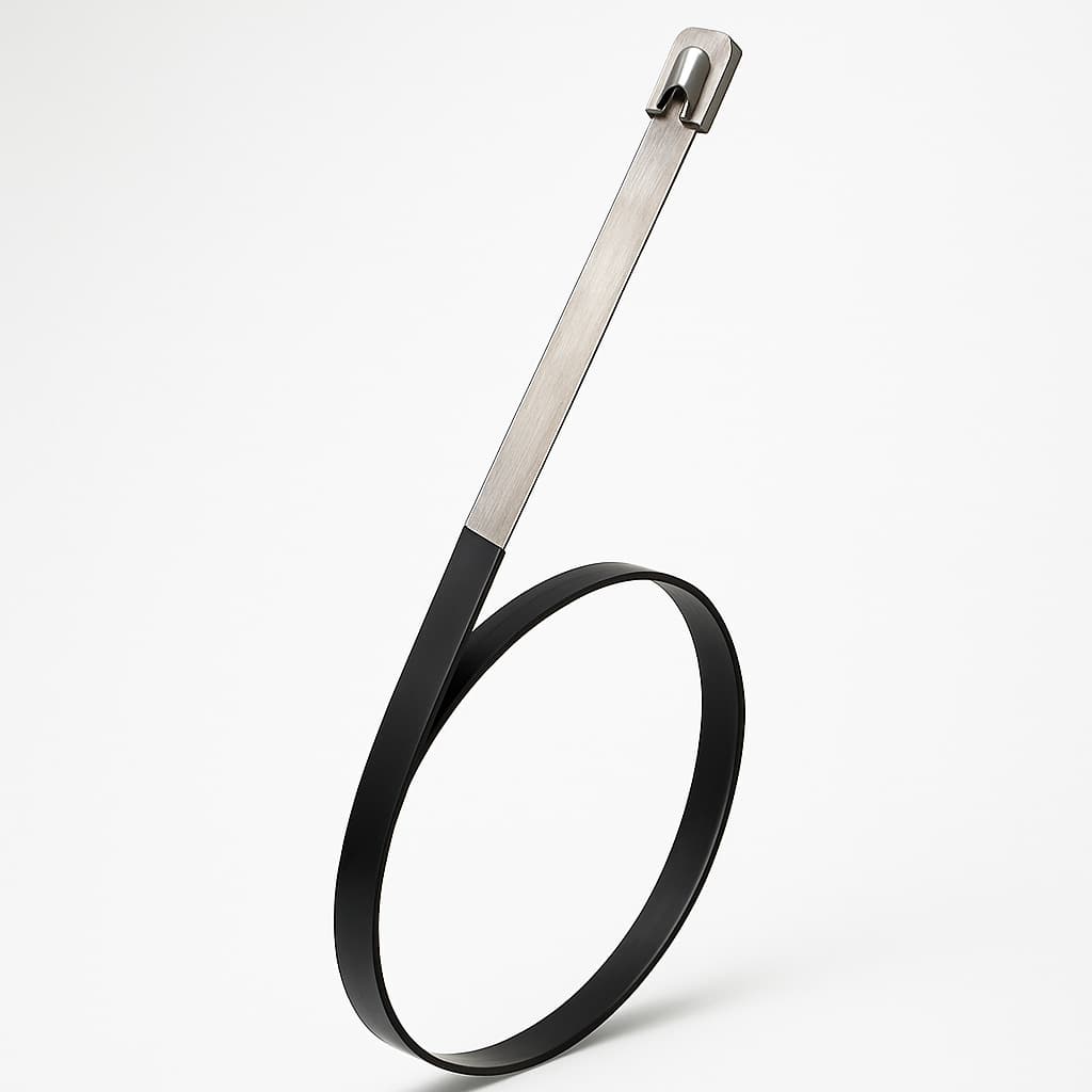 Stainless Steel Ball-Lock Cable Tie, Half Coated, 550 mm x 4.6 mm — illustrative AI-generated image