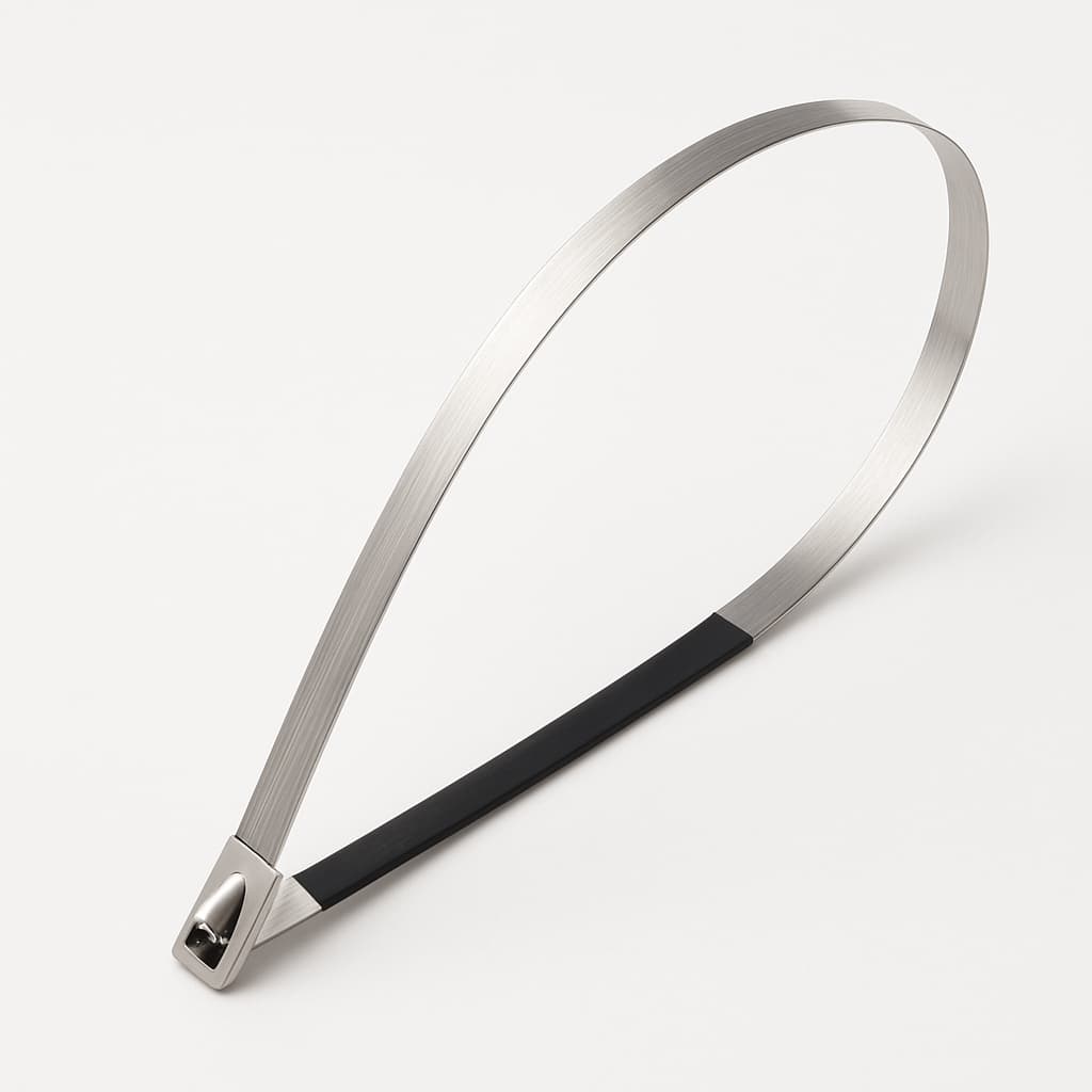 Stainless Steel Ball-Lock Cable Tie, Half Coated, 630 mm x 7.9 mm — illustrative AI-generated image