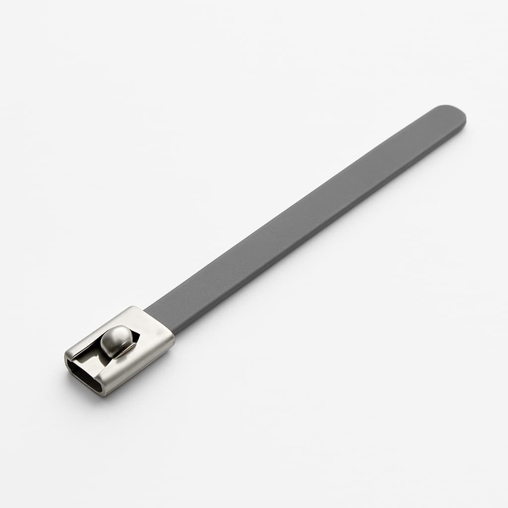 Stainless Steel Ball-Lock Cable Tie, Full Coated, 100 mm x 4.6 mm — illustrative AI-generated image
