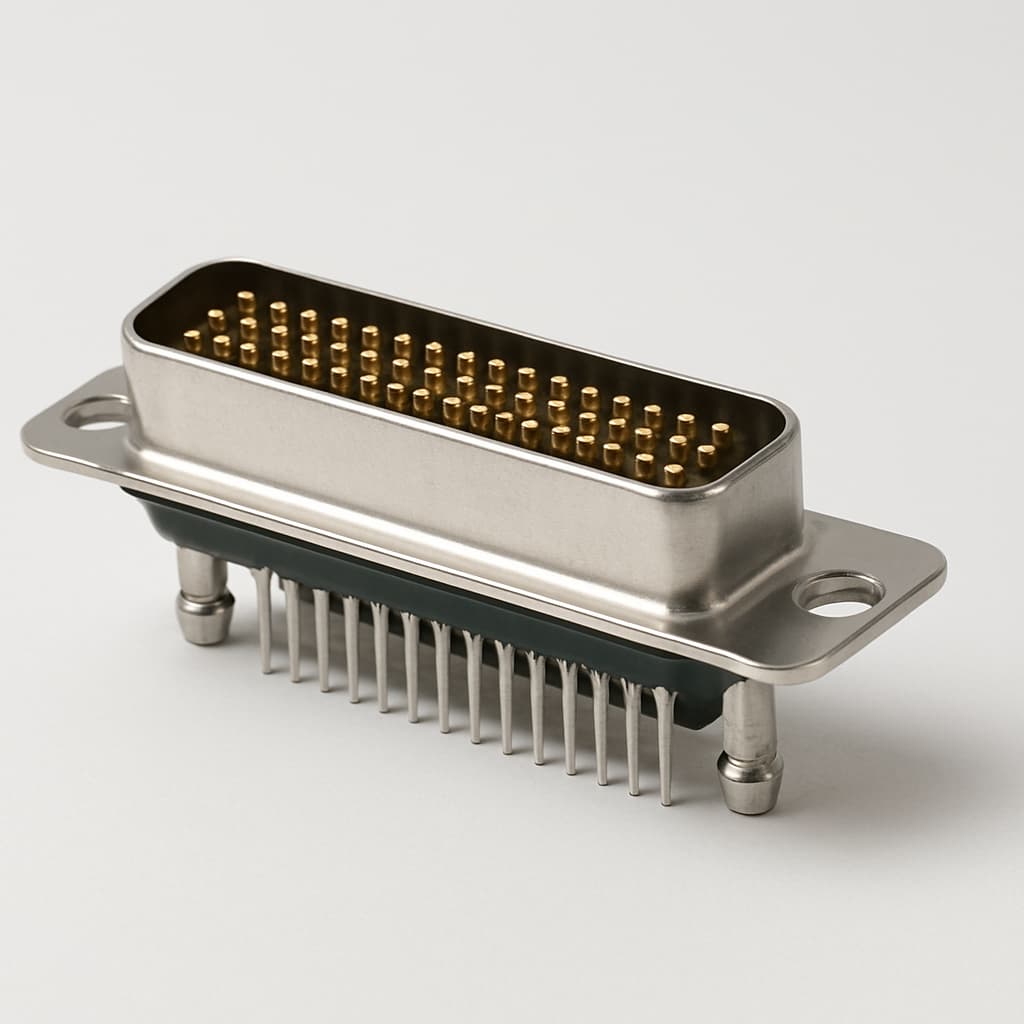 Molex / FCT 1731130220 (ET37-62P5-L228) HD D-Sub RA PC Plug, 62 Pin, with Clinch — illustrative AI-generated image