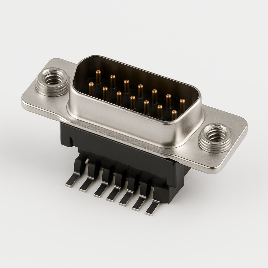 Molex / FCT 1731090228 (FSLT15P107G1) SMT D-Sub RA PC Plug, 15 Pin — illustrative AI-generated image
