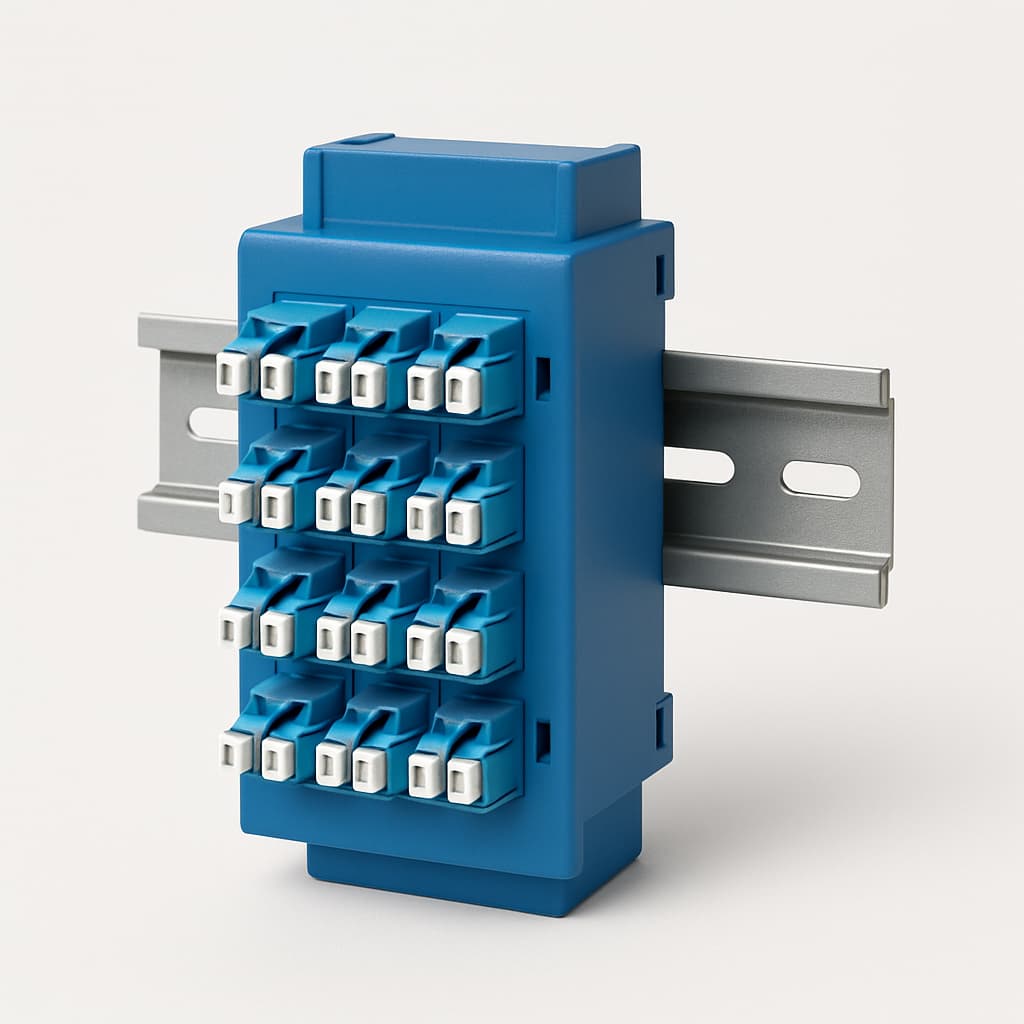 Telegartner H82050A2003 Modular STX Mounting Rail Distributor, 12x LC-D SM, Blue — illustrative AI-generated image