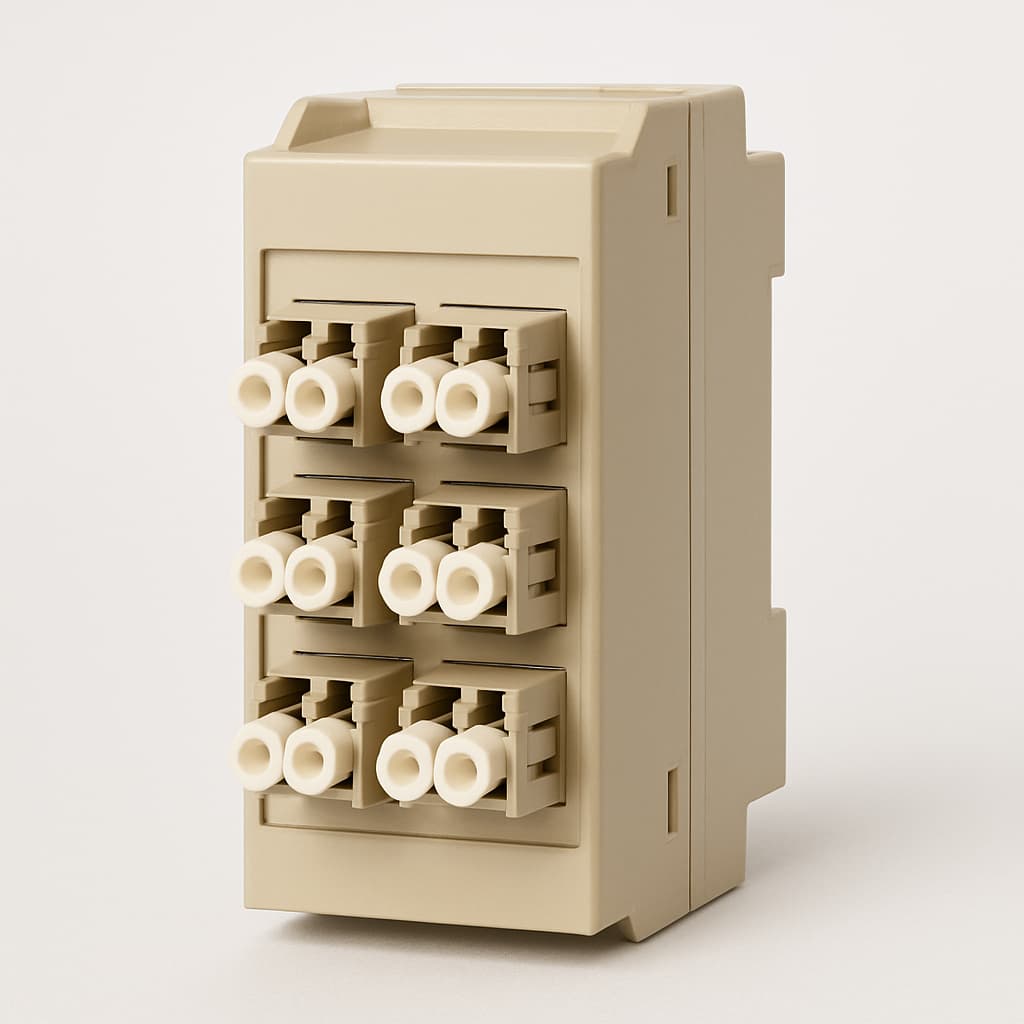 Telegartner H82050M2004 Modular STX Rail Distributor, 6x LC-Q MM, Beige — illustrative AI-generated image