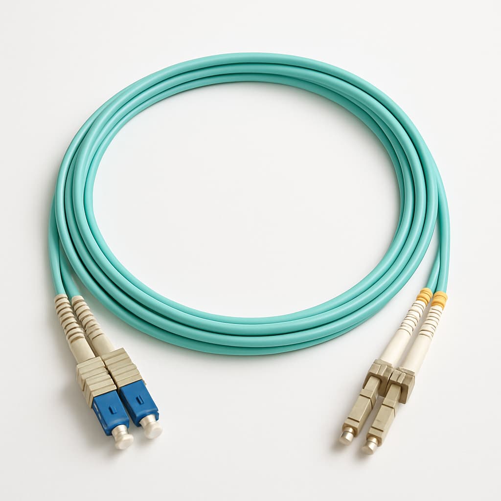 SC-LC OM3 MM Duplex LSZH Patch Cord, Aqua, 3 m — illustrative AI-generated image