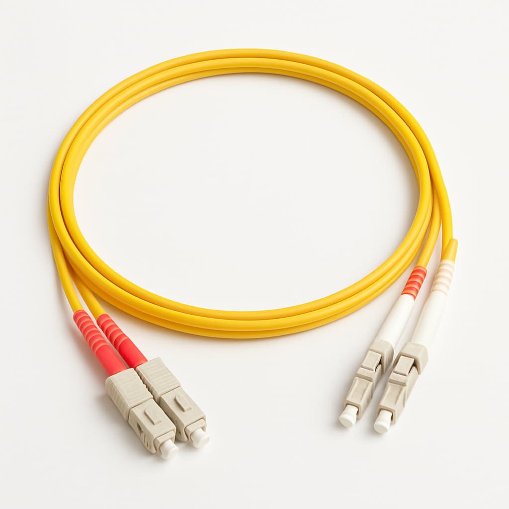 SC-LC OS2 SM Duplex LSZH Yellow Patch Cord, L=2mtr — illustrative AI-generated image