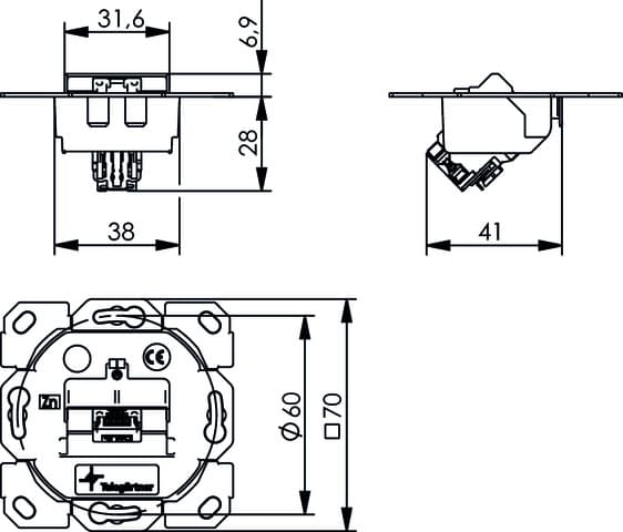 Telegaertner J00020A0531 AMJ-SL Single Gang UP/0 Flex Module Carrier with Cat.6A Module