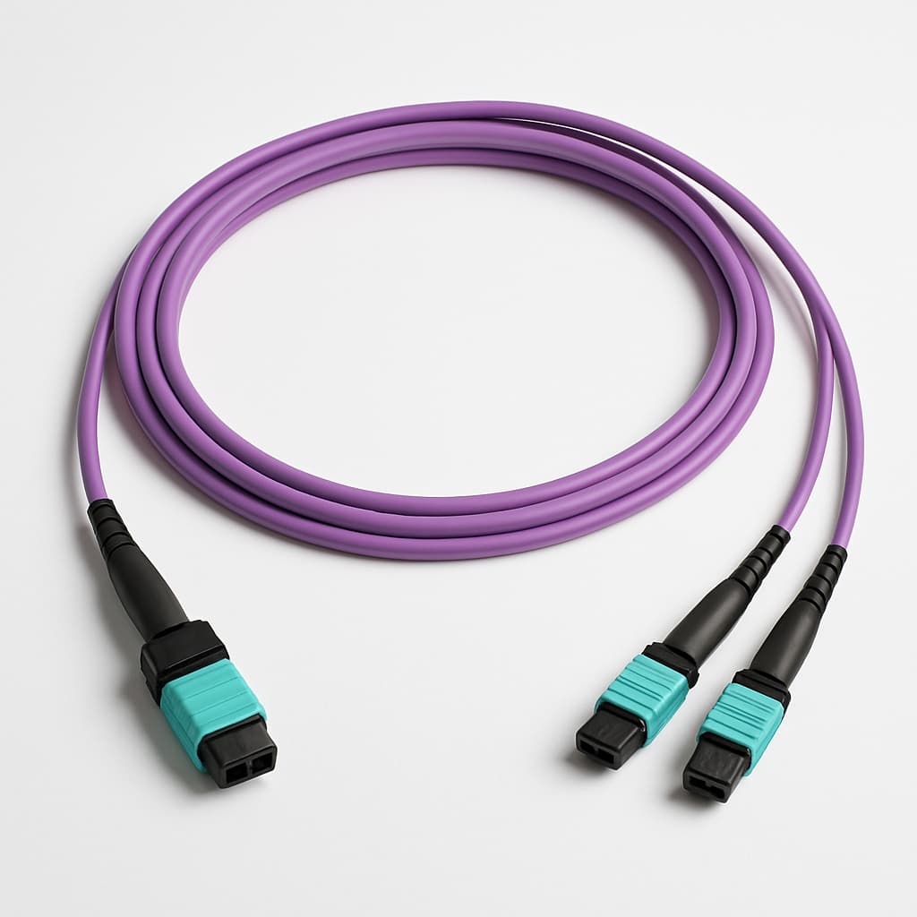 Telegaertner L00832A2411 MPO24m to 2xMPO12m Harness, 3m, MM OM4 Violet — illustrative AI-generated image